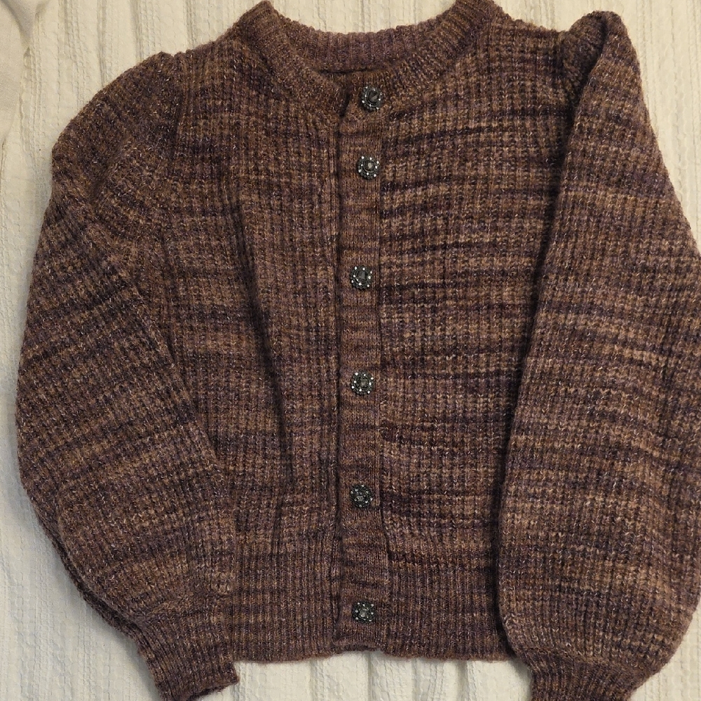 Cozy Fall Plum Purple Knit Cardigan With Rhinestone Buttons Ballon Sleeves